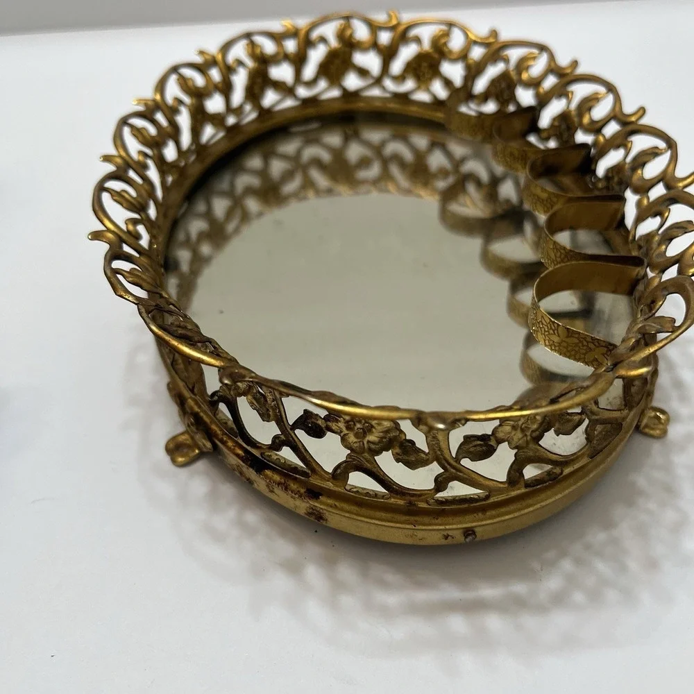 Vintage Gold-Tone Filigree Oval Mirrored Vanity Tray W/ Lipstick Holders Footed